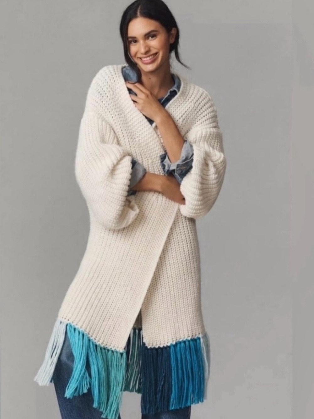 Anthropologie Cream Knit Fringe Open Cardigan Sweater